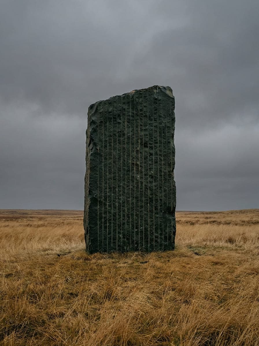 A standing stone cut with vertical grooves, on open moorland under cloud